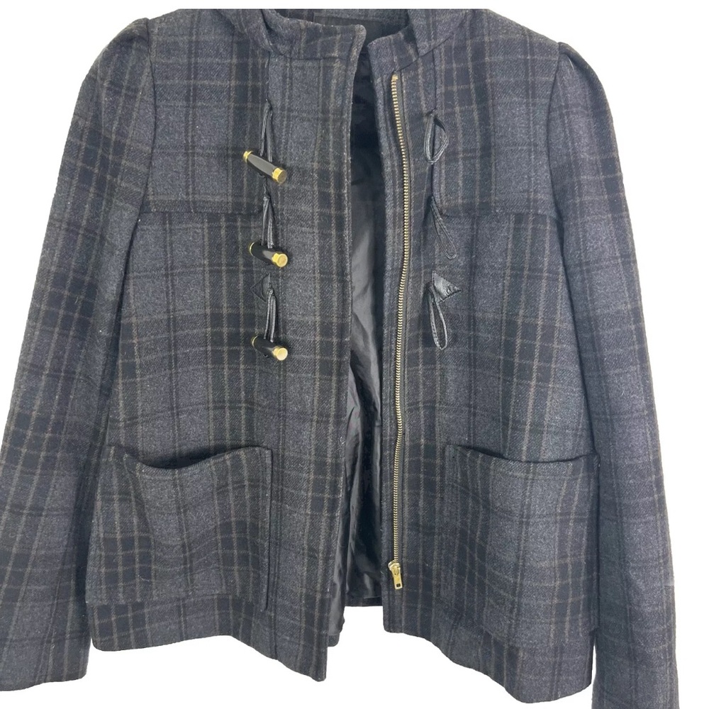 H&M Wool Blend Jacket Plaid Toggle Button Zip Up Hooded Gray Coat Women’s Size 4